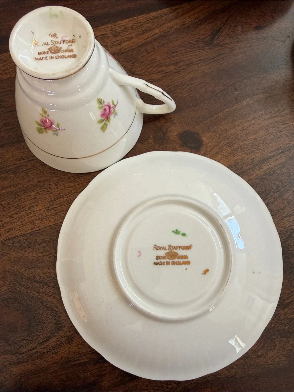 Royal Stafford Vintage Green Rim Floral Teacup and Saucer - Elegant Bone China